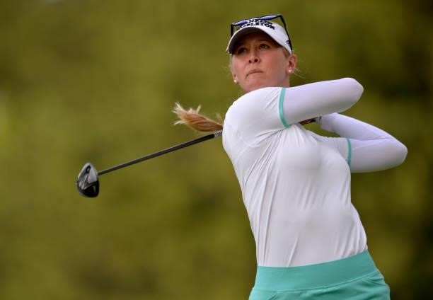 Jessica Korda plays her shot from the ninth tee during the first round of the KPMG Women's PGA Championship at Atlanta Athletic Club on June 24, 2021...