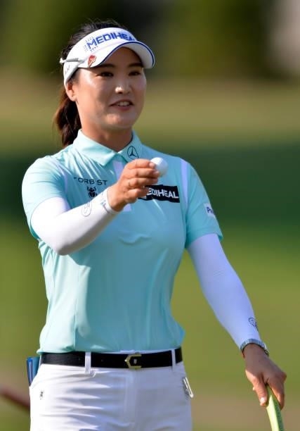 Ryu So-yeon of South Korea reacts to her putt during the first round of the KPMG Women's PGA Championship at Atlanta Athletic Club on June 24, 2021...