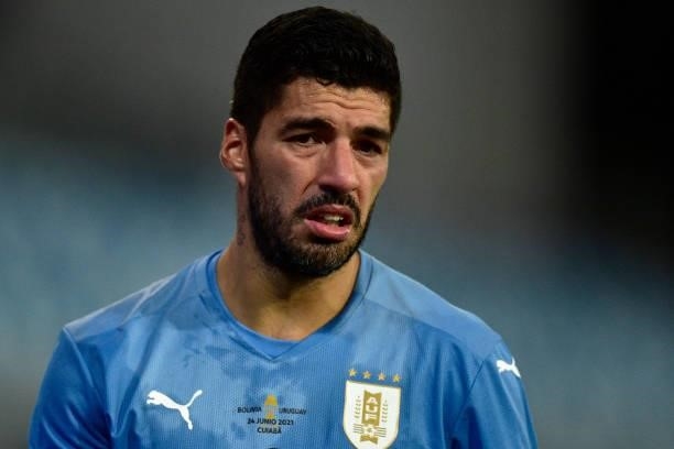 Luis Suarez of Uruguay reacts during a Group A match between Bolivia and Uruguay as part of Copa America Brazil 2021 at Arena Pantanal on June 24,...
