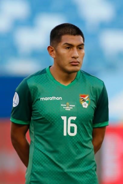 Erwin Saavedra of Bolivia looks on prior to a Group A match between Bolivia and Uruguay as part of Copa America Brazil 2021 at Arena Pantanal on June...