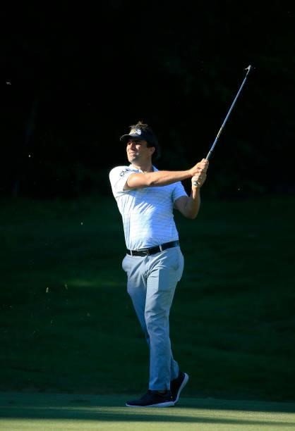 Curtis Thompson hits his second shot on the eighth hole during the first round of the Live And Work In Maine Open held at Falmouth Country Club on...