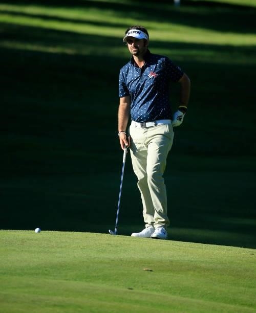 Brett Drewitt of Australia prepares to hit his second shot on the eighth hole during the first round of the Live And Work In Maine Open held at...