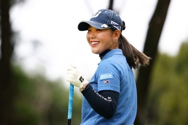 Yuri Yoshida of Japan smiles on the 12th tee during the second round of the Earth Mondamin Cup at Camellia Hills Country Club on June 25, 2021 in...