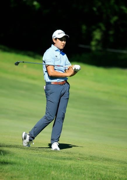 Dylan Wu reacts to his second shot on the eighth hole during the first round of the Live And Work In Maine Open held at Falmouth Country Club on June...