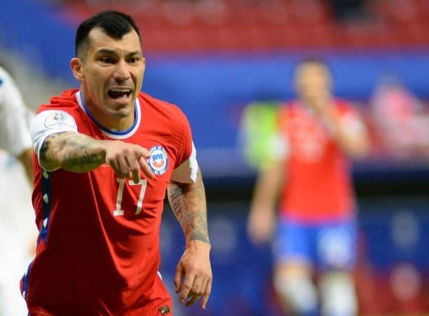 Gary Medel of Chile reacts during a Group A match between Chile and Paraguay as part of Copa America Brazil 2021 at Mane Garrincha Stadium on June...