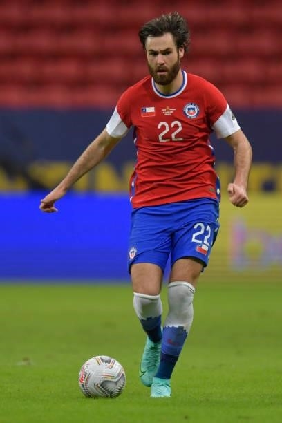 Ben Brereton of Chile controls the ball during a Group A match between Chile and Paraguay as part of Copa America Brazil 2021 at Mane Garrincha...