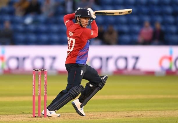 Jason Roy of England hits out during the second T20 International between England and Sri Lanka at Sophia Gardens on June 24, 2021 in Cardiff, Wales.