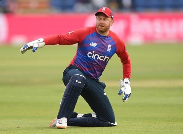 Jonny Bairstow of England looks on during the second T20 International between England and Sri Lanka at Sophia Gardens on June 24, 2021 in Cardiff,...