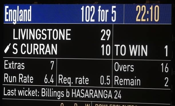 The scoreboard during the second T20 International between England and Sri Lanka at Sophia Gardens on June 24, 2021 in Cardiff, Wales.