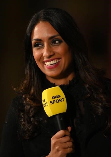 Isa Guha working for the BBC during the second T20 International between England and Sri Lanka at Sophia Gardens on June 24, 2021 in Cardiff, Wales.