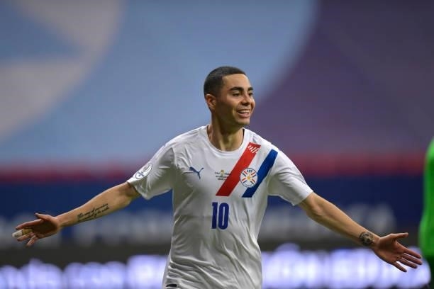 Miguel Almiron of Paraguay celebrates after scoring the second goal of his team via penalty during a Group A match between Chile and Paraguay as part...