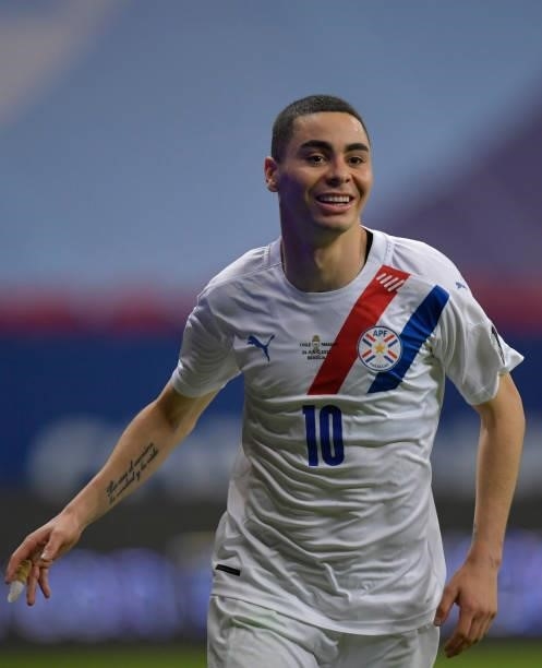 Miguel Almiron of Paraguay celebrates after scoring the second goal of his team via penalty during a Group A match between Chile and Paraguay as part...