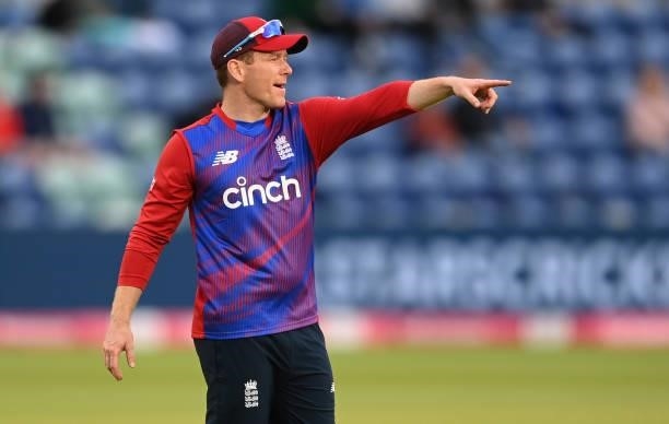 Eoin Morgan of England points during the second T20 International between England and Sri Lanka at Sophia Gardens on June 24, 2021 in Cardiff, Wales.