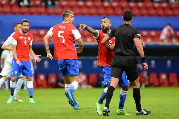Arturo Vidal of Chile reacts during a Group A match between Chile and Paraguay as part of Copa America Brazil 2021 at Mane Garrincha Stadium on June...
