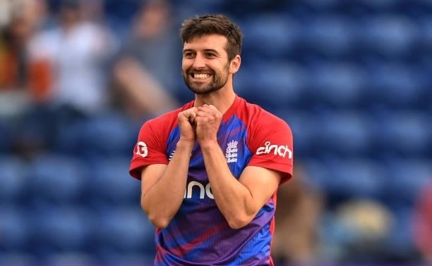 Mark Wood of England smiles during the second T20 International between England and Sri Lanka at Sophia Gardens on June 24, 2021 in Cardiff, Wales.