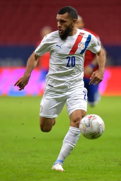Antonio Bareiro of Paraguay controls the ball during a Group A match between Chile and Paraguay as part of Copa America Brazil 2021 at Mane Garrincha...