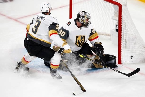 Robin Lehner of the Vegas Golden Knights gives up a goal to Cole Caufield of the Montreal Canadiens during the second period in Game Six of the...