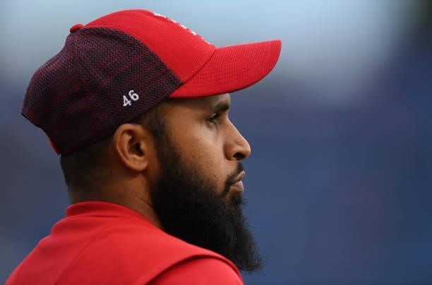 Adil Rashid of England looks on during the second T20 International between England and Sri Lanka at Sophia Gardens on June 24, 2021 in Cardiff,...