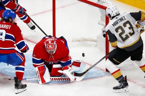Alec Martinez of the Vegas Golden Knights scores a goal past Carey Price of the Montreal Canadiens during the third period in Game Six of the Stanley...