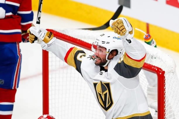 Alec Martinez of the Vegas Golden Knights celebrates after scoring a goal against the Montreal Canadiens during the third period in Game Six of the...