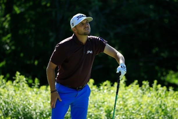 Kevin Lucas reacts to his errant drive on the 14th hole during the first round of the Live And Work In Maine Open held at Falmouth Country Club on...