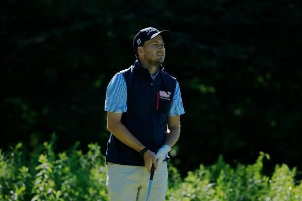 Lee Hodges watches his drive on the 14th hole during the first round of the Live And Work In Maine Open held at Falmouth Country Club on June 24,...