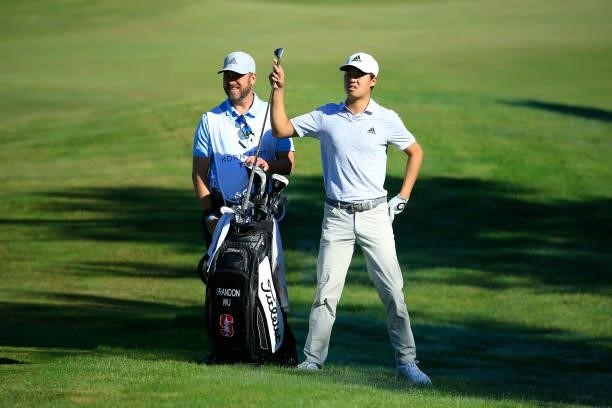 Brandon Wu prepares for his second shot on the 13th hole during the first round of the Live And Work In Maine Open held at Falmouth Country Club on...