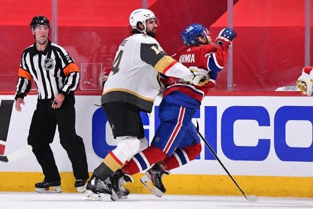 Nicolas Hague of the Vegas Golden Knights checks Joel Armia of the Montreal Canadiens during the third periodin Game Six of the Stanley Cup...