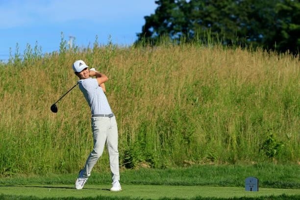 Brandon Wu hits his drive on the 12th hole during the first round of the Live And Work In Maine Open held at Falmouth Country Club on June 24, 2021...