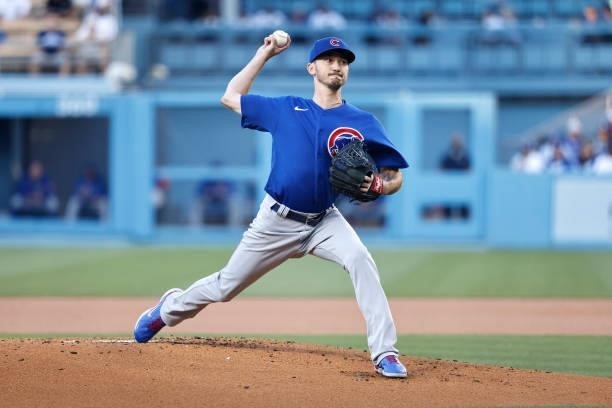 Zach Davies of the Chicago Cubs pitches against the Los Angeles Dodgers during the first inning at Dodger Stadium on June 24, 2021 in Los Angeles,...