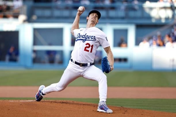 Walker Buehler of the Los Angeles Dodgers pitches against the Chicago Cubs during the first inning at Dodger Stadium on June 24, 2021 in Los Angeles,...