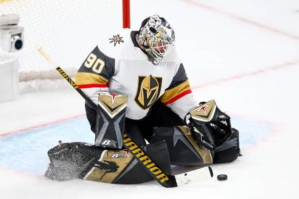 Robin Lehner of the Vegas Golden Knights makes the save against the Montreal Canadiens during the third period in Game Six of the Stanley Cup...