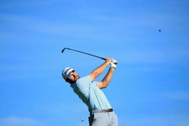 Cameron Young hits his tee shot on the 11th hole during the first round of the Live And Work In Maine Open held at Falmouth Country Club on June 24,...