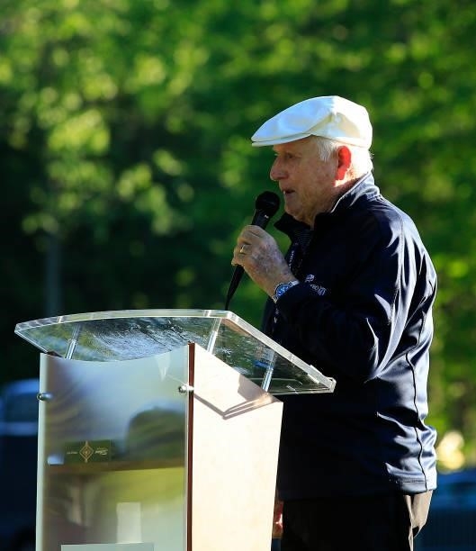 Former PGA Tour Commissioner Deane Beaman speaks at the opening ceremony prior to the first round of the Live And Work In Maine Open held at Falmouth...