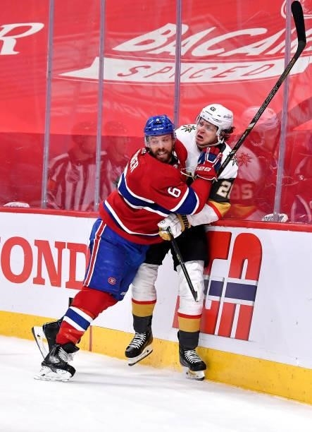 Shea Weber of the Montreal Canadiens checks Mattias Janmark of the Vegas Golden Knights during the third period in Game Six of the Stanley Cup...
