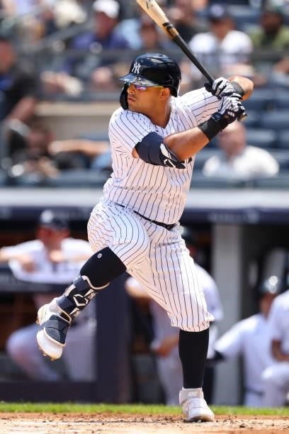 Rougned Odor of the New York Yankees in action against the Kansas City Royals during a game at Yankee Stadium on June 24, 2021 in New York City. The...