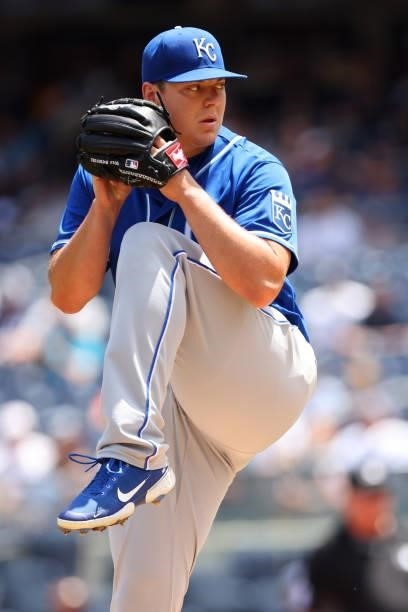 Brad Keller of the Kansas City Royals in action against the New York Yankees during a game at Yankee Stadium on June 24, 2021 in New York City. The...
