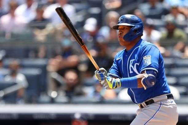 Salvador Perez of the Kansas City Royals in action against the New York Yankees during a game at Yankee Stadium on June 24, 2021 in New York City....