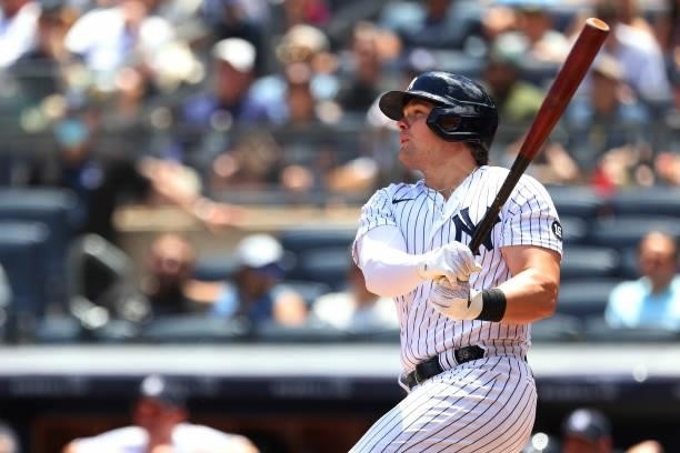 Luke Voit of the New York Yankees in action against the Kansas City Royals during a game at Yankee Stadium on June 24, 2021 in New York City. The...