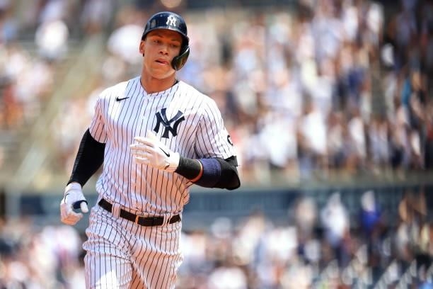 Aaron Judge of the New York Yankees in action against the Kansas City Royals during a game at Yankee Stadium on June 24, 2021 in New York City. The...