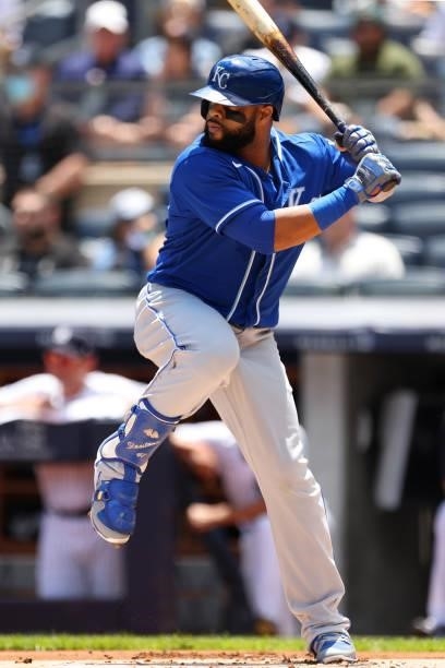 Carlos Santana of the Kansas City Royals in action against the New York Yankees during a game at Yankee Stadium on June 24, 2021 in New York City....