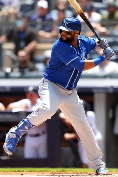 Carlos Santana of the Kansas City Royals in action against the New York Yankees during a game at Yankee Stadium on June 24, 2021 in New York City....