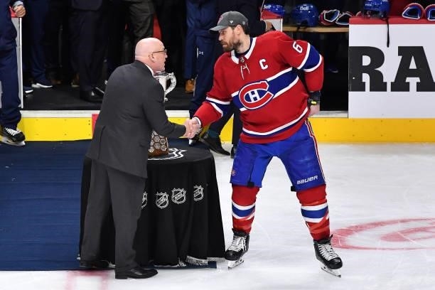Shea Weber of the Montreal Canadiens is presented the Clarence S. Campbell Bowl after the team's 3-2 overtime victory against the Vegas Golden...