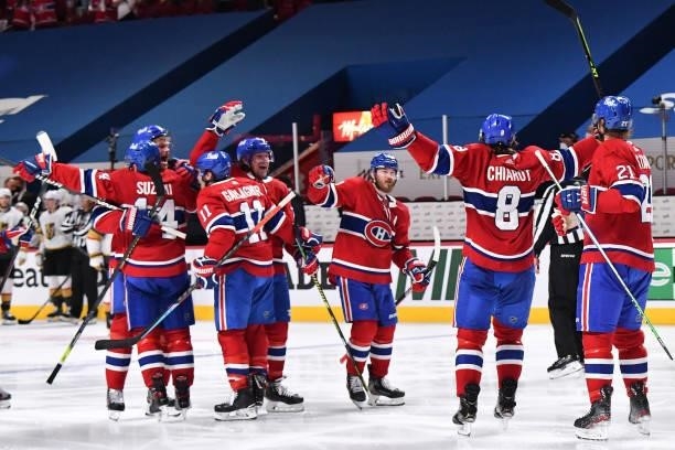 The Montreal Canadiens celebrate the game-winning overtime goal scored by Artturi Lehkonen against the Vegas Golden Knights in Game Six of the...
