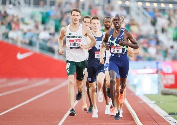 Morgan Beadlescomb and Paul Chelimo compete in the first round of the Men's 5,000 Meter Run on day seven of the 2020 U.S. Olympic Track & Field Team...