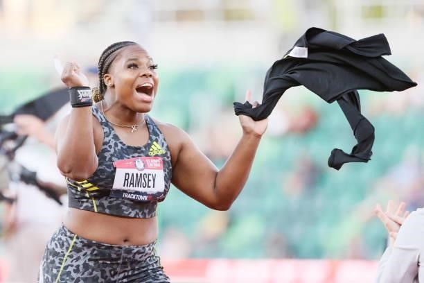 Jessica Ramsey celebrates while competing in the Women's Shot Put Finals on day seven of the 2020 U.S. Olympic Track & Field Team Trials at Hayward...