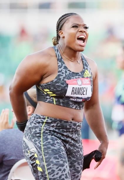 Jessica Ramsey celebrates while competing in the Women's Shot Put Finals on day seven of the 2020 U.S. Olympic Track & Field Team Trials at Hayward...