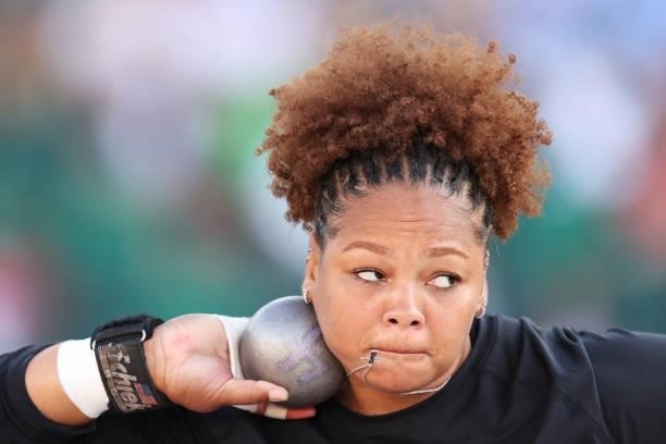 Jessica Woodard competes in the Women's Shot Put Finals on day seven of the 2020 U.S. Olympic Track & Field Team Trials at Hayward Field on June 24,...