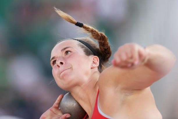 Samantha Noennig competes in the Women's Shot Put Finals day seven of the 2020 U.S. Olympic Track & Field Team Trials at Hayward Field on June 24,...