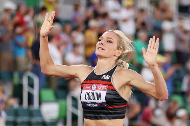 Emma Coburn reacts as she crosses finish line in the Women's 3,000 Meter Steeplechase Final on day seven of the 2020 U.S. Olympic Track & Field Team...